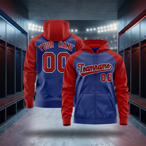 Men's Blue <b>Red</b> Raglan Zip-Up <b>Hoodie</b> Custom Name Number Team Logo Front Pocket Casual Autumn FRENCH TERRY Windproof - Product Image 1