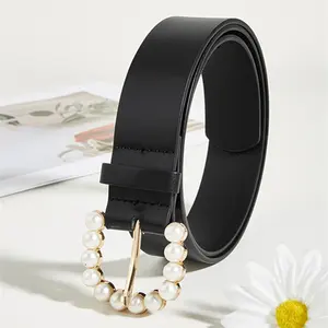 Women's Simplicity Versatile Competitive Price With Imitation Pearl Metal Pin Buckle PU Leather Belts For Dressy and Jeans