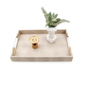 MAXERY High Quality Rectangular White Tray Metal and Leather Tabletop Display Plates Serving Tray for Home Hotel