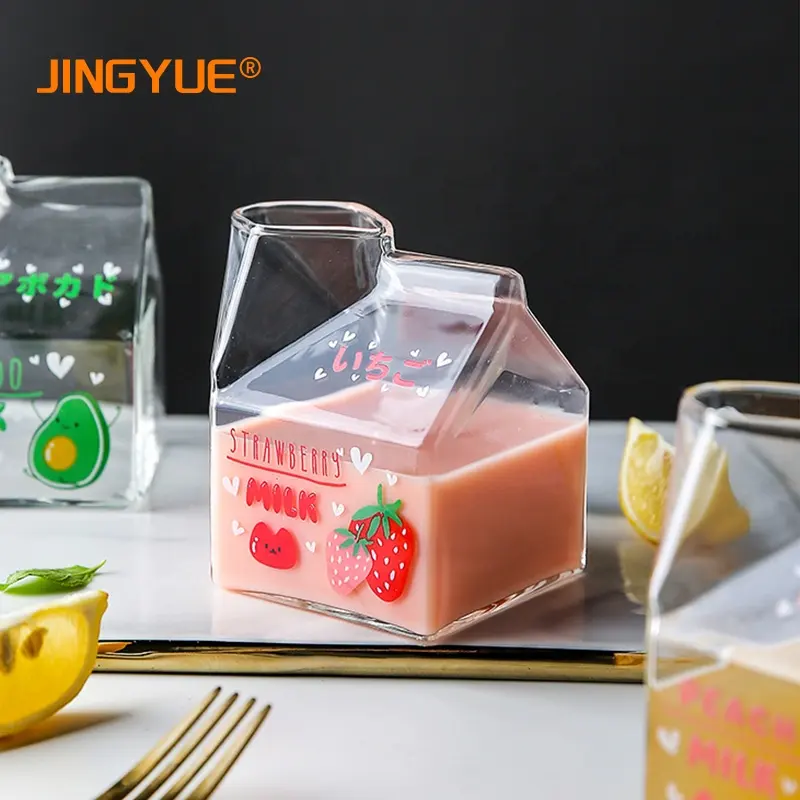Caja de leche de cristal con impresión personalizada, 300ml, 10oz, cartón innovador, taza de leche, café, zumo, vasos de cristal para el desayuno