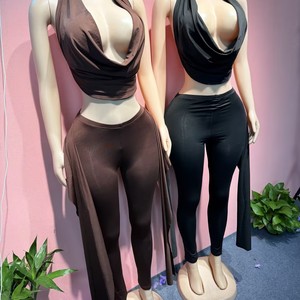 Completo da donna 2026: Top <span class=keywords><strong>Halter</strong></span> senza maniche con scollo a barca e schiena scoperta + Pantaloni elasticizzati con nastro, sexy, 2 pezzi - Product Image 4