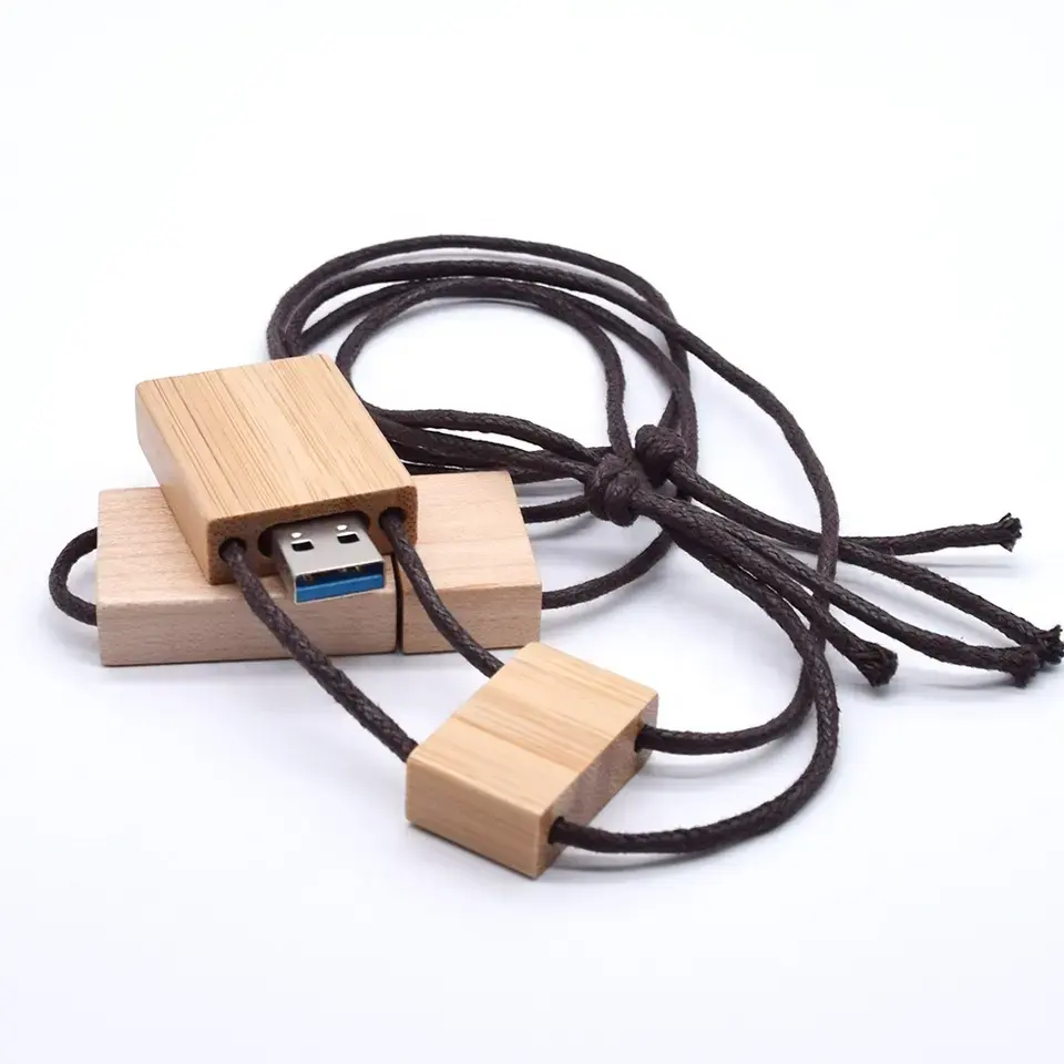 卸売ネックレス木製ペンドライブUSBフラッシュドライブ木製スティックロープカスタマイズロゴ2.0 3.0 4GB 8GB 16GB木製ボックス付き