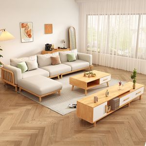 Conjunto de Sofás Modernos Minimalistas em Madeira Sólida e Tecido Estilo Wabi-sabi Creme 1+2+3 para Apartamento Pequeno - Product Image 2