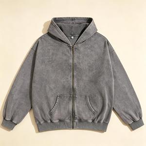 Cardigan Sweatshirt Homme Personnalisé pour l'Automne, Coupe Oversize Unie, Fermeture Éclair Double Sens, Style Boxy, Effet Délavé - Product Image 2