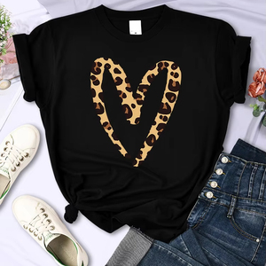 Camiseta de amor con estampado de leopardo calado para mujer, camiseta informal a la moda, camiseta suave de deporte callejero, camiseta de calle transpirable para mujer - Product Image 1