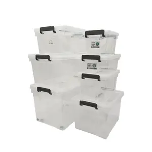 صندوق تخزين بلاستيكي رخيص مع مقبض وعجلات بإبزيم قابلة للتكديس صناديق تنظيم كبيرة شفافة متعددة الوظائف