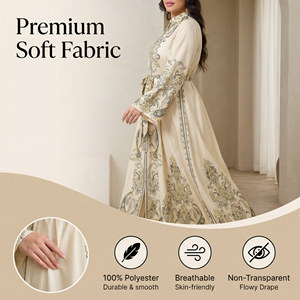Abaya Estilo Dubái Color Marfil con Cinturón, Línea Boutique con Estampado Personalizado - Product Image 4