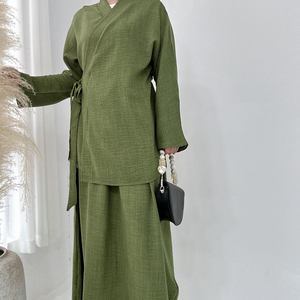 2024 Modest Women's Breathable Linen Kimono and Skirt Set 2pcs Loose Linen Suit <strong>Tops</strong> Skirt Outfits Muslim <strong>Kaftan</strong> Two Piece Set - Product Image 1