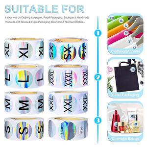 Stiker ukuran holografis kustom XS/S/<span class=keywords><strong>M</strong></span>/L/XL/2XL/3XL Label perekat antiair untuk kemasan garmen - Product Image 6