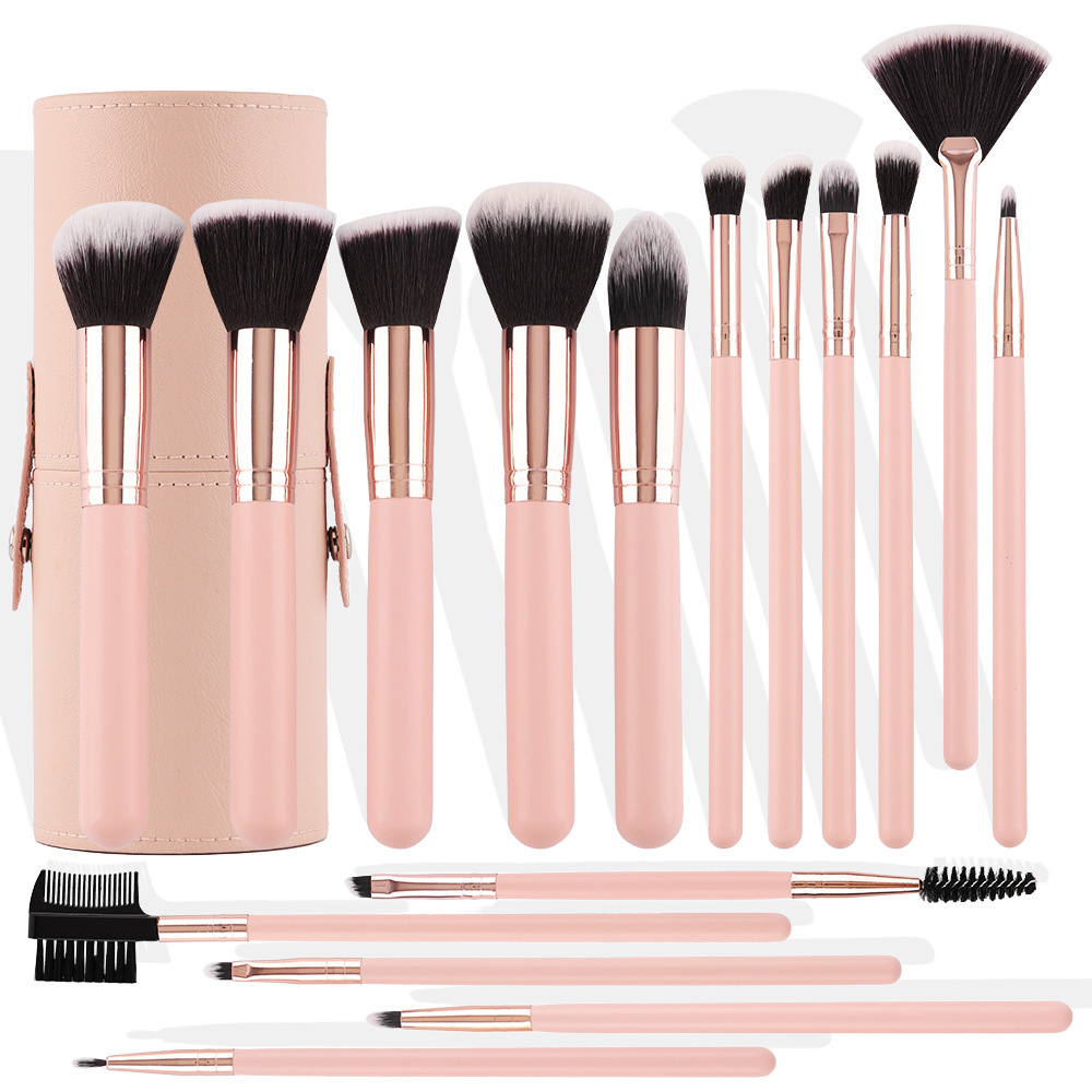 Ensemble de 16 pinceaux de maquillage roses [avec seau à pinceaux]