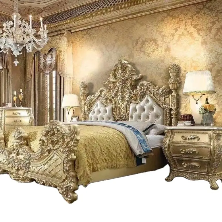 Royal Gold Wood Carved Rococo Florida King Empire Luxury Leather Bed Factory Direct Sale OEM for Hotel and Villa Use