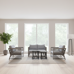 Ensemble de salon d'extérieur moderne en rotin PE gris, <span class=keywords><strong>canapé</strong></span> <span class=keywords><strong>2</strong></span> <span class=keywords><strong>places</strong></span>, <span class=keywords><strong>2</strong></span> fauteuils, <span class=keywords><strong>2</strong></span> tables d'appoint en métal, coussins imperméables, style européen - Product Image 5