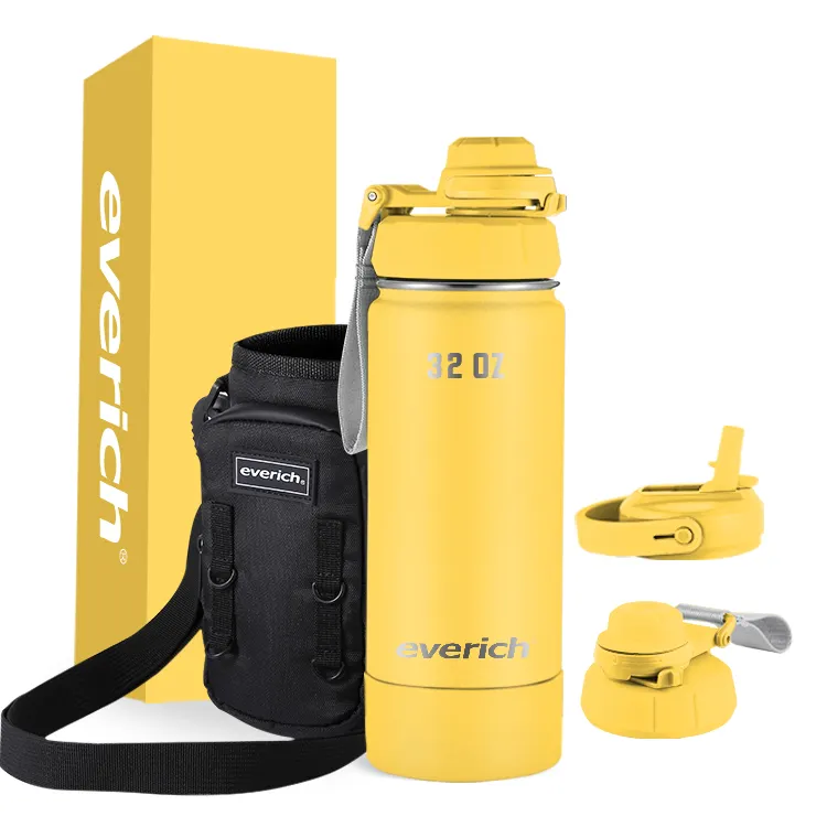 Customized Logo 32oz Double Walled Stainless Steel Vacuum Insulated Water Bottle with Lock Lid and Sleeve Bag