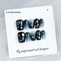 10 Uñas Postizas Hechas a Mano, Cortas, Pintadas a Mano, de Gel, Cuadradas, Estilo Ataúd, Stiletto, con Diseño de Mariposa Brillante, ABS Negro, Venta al Por Mayor