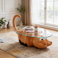 Table basse moderne en fibre de verre en forme de chat, design animalier créatif, plateau en verre, table d'appoint pour le thé, décoration de salon