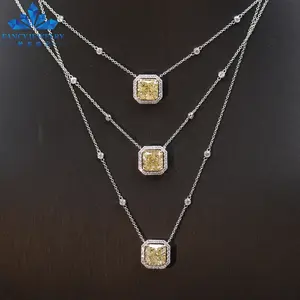 Großhandel AU750 Solid Gold Square Halo Anhänger Halsketten Schmuck 18K 8x8mm Fancy Yellow Diamond Damen schmuck Halsketten