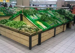 Custom Cheap Wooden Supermarket Vegetable And Fruit Rack With Spray System