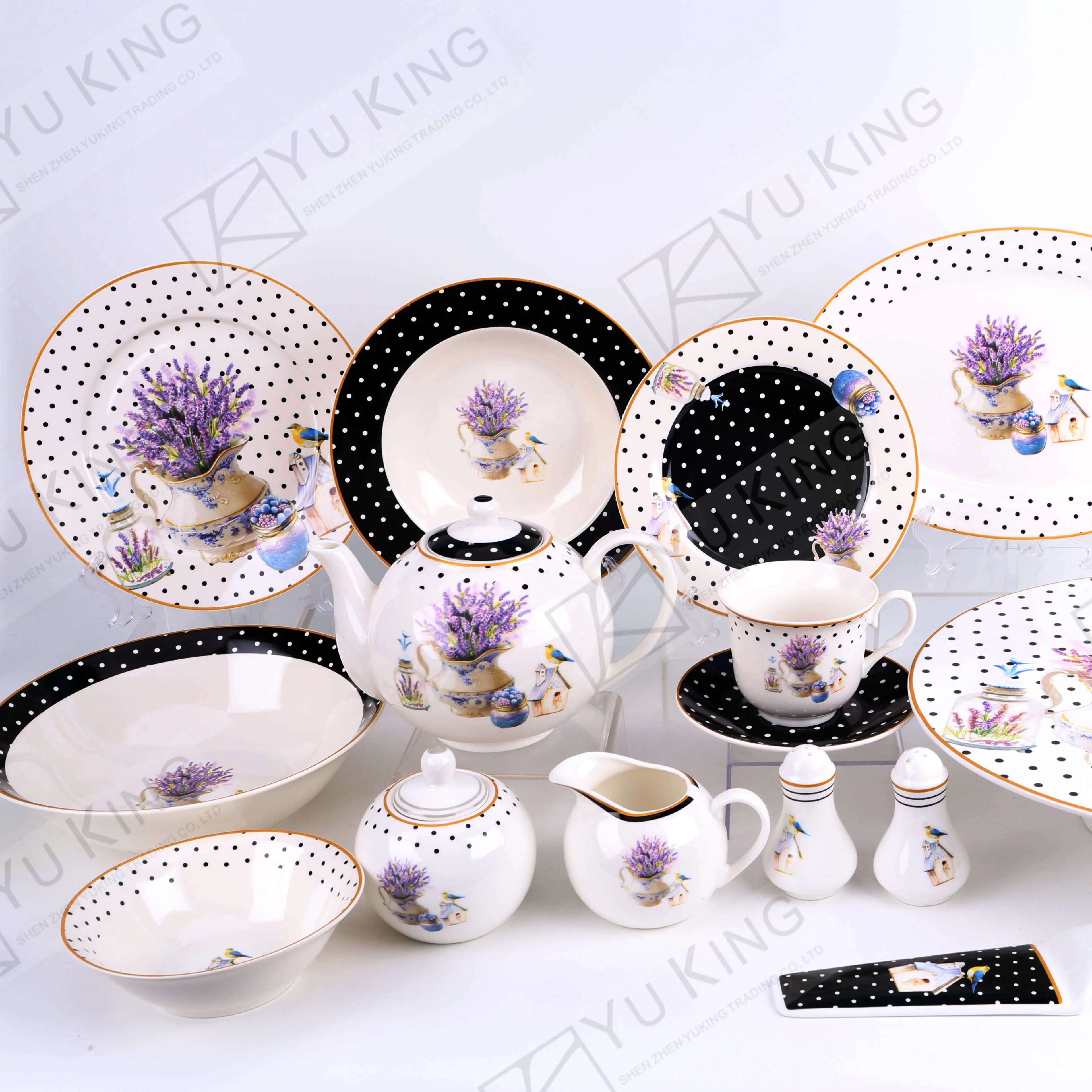 Yuking18pcs20pcs30pcs42uds., diseño de punto con patrón de pétalos púrpura, vajilla China de hueso, vajilla de cerámica para Cena