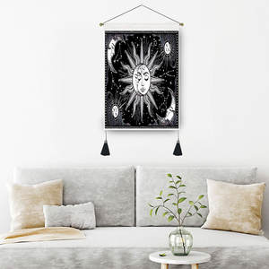 สีดําและสีขาวมนตรีดาราศาสตร์Mandala Tapestry Bohoสไตล์แขวนผนังผ้าดวงอาทิตย์ดวงจันทร์ไพ่ทาโรต์พิมพ์ทอเทคนิค - Product Image 1