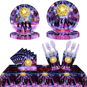 Disco Theme Party Tableware Set 60-80 Pcs Round <b>Paper</b> Plates Napkins <b>Tablecloths</b> Birthday Decorations Environment Friendly - Product Image 4
