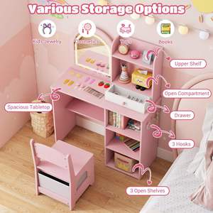 <span class=keywords><strong>Table</strong></span> de maquillage rose en <span class=keywords><strong>bois</strong></span> pour enfants avec étagères de rangement pour chambre <span class=keywords><strong>à</strong></span> coucher, coiffeuse pour fillette avec miroir et lumières - Product Image 2