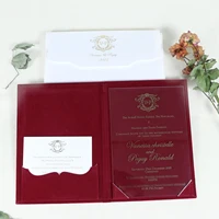 Cartes d'invitation personnalisées faites à la main avec dorure à chaud, en velours bordeaux, couverture rigide, avec enveloppe, pour décorations de mariage