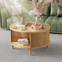 Table basse ronde relevable en bois massif avec rangement vertical cannelé, finition noyer foncé, style minimaliste, pour salon et meuble d'appoint de canapé