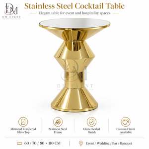 Round Cocktail Table for Wedding Receptions with <b>Gold</b> Stainless Steel Geometric Pedestal Base and <b>Mirrored</b> Tempered Glass Top - Product Image 3