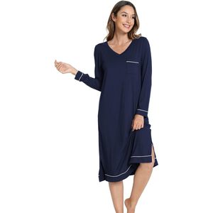 Chemise de nuit pour femme en viscose de bambou personnalisée, manches longues, col en V, robe de nuit confortable et douce - Product Image 1