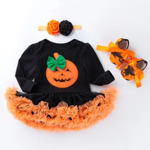 2023 New Girls Stirnband Kleid Schuhe 3 Stück Set Kostüm Kürbis Outfits Kinder Halloween Kleidung