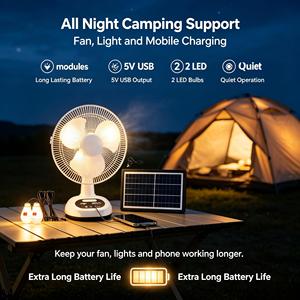 Ventilateur de camping solaire mécanique à prix réduit avec lumière, rechargeable par énergie solaire - Product Image 1