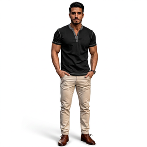 Fabricant Hommes t-shirt Coton Blanc Manches Courtes Col V Bouton Vintage Poche Boutonnée Casual Henry Logo T-shirt pour hommes - Product Image 1