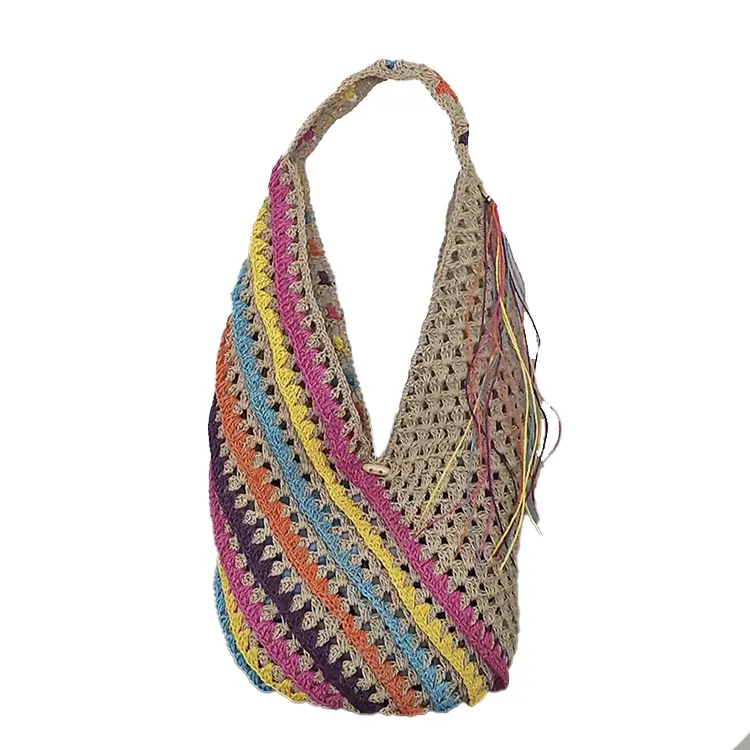 2023 new color striped shoulder bag fashion women's large-capacity cotton hand crochet bucket tote bag