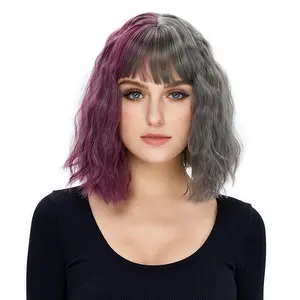 Hot Half Purple And Half Grey Synthetic Fiber 14inch Water Wave Colored Cosplay Halloween Wigs With Bangs For Women