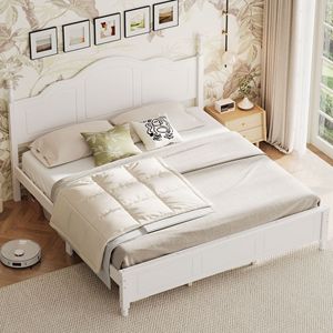 Cama doble de madera maciza, cama con plataforma blanca, cabecero curvo y patas cilíndricas, muebles duraderos para adultos y niños - Product Image 2