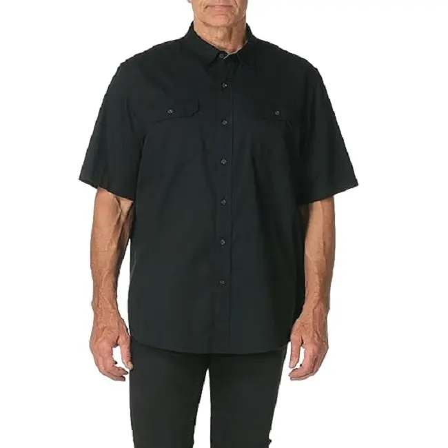 Yeni stil düğme Up Reguler Fit gömlek iki göğüs cepler ile özel kısa kollu pamuk naylon Spandex düz renk gömlek erkekler için