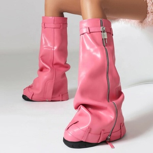Wide Fit Big Size 48 Women <b>Round</b> <b>Toe</b> Overlay Shoes Lady Lock Shark Booties Cowgirls Zipper Thick Soles Knee High Boots - Product Image 6