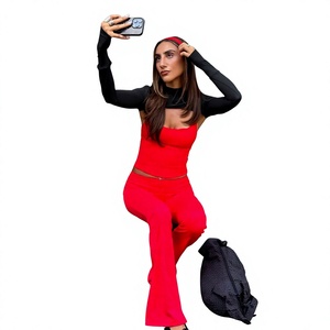Combinaison longue rouge taille haute pour femme, sans bretelles, en tricot de spandex et polyester, effet ventre plat, style streetwear sexy - Product Image 1