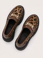 RX Dames Elegante Bruine Luipaard PU Lederen Platform Penny Loafers Instappers Met Metalen Ketting Decor True T School Halloween Valentijn