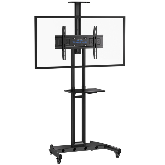 CHARMOUNT Wholesale Portable Floor Trolley Mobile TV Stand Height Adjustable Rolling TV Cart with Shelf Wheels