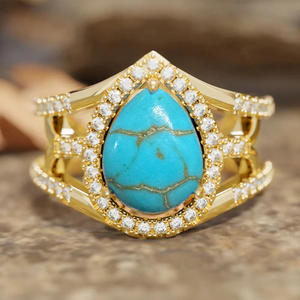 T0898 Women's 18K <b>Gold</b> Filled Cocktail <b>Ring</b> With <b>Turquoise</b> Water Drop Stone Pave Setting Round Brilliant Cut Diamonds Everyday - Product Image 1