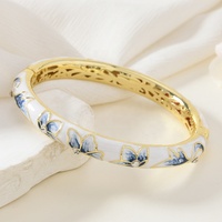Gelang Porselen Vintage Berlapis Emas dengan Zirkon Potongan Brilian Motif Bunga, Gelang Fashion Desain Retro yang Indah