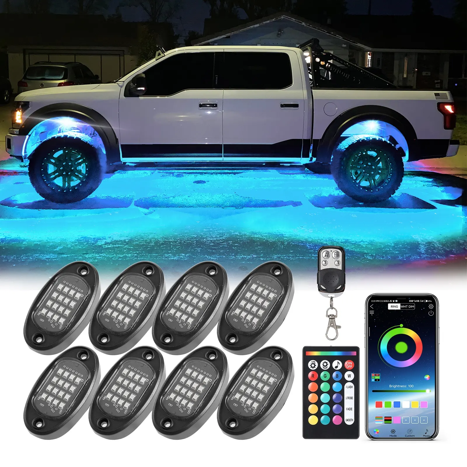 8Pods RGB LED Rock Light com APP Controle Remoto 16LED 36w Underglow Lights Perseguindo para Caminhão Offroad