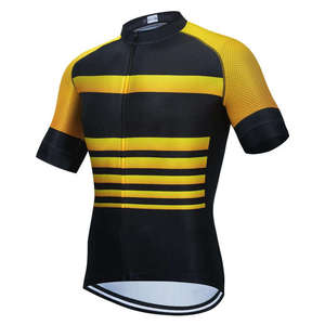 Maillot de cyclisme imprimé rayures abeilles noir et jaune, manches courtes en mesh, fermeture éclair intégrale avec poches arrière, texte et logo personnalisés, séchage rapide - Product Image 1