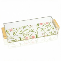 Plateau de rangement de luxe léger en acrylique transparent imprimé floral avec poignée à bord doré pour cosmétiques de salle de bain et de bureau