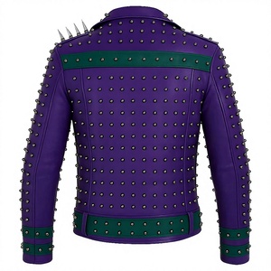 Blouson de moto pour homme style punk en cuir véritable avec rivets, fermeture éclair, ceinture, col montant, coupe ajustée, coupe-vent d'hiver, non-tissé à l'avant - Product Image 2