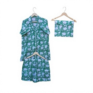 Indian Handmade 100% Pure Cotton Women's Pajama Set Romantic Floral Print <b>Drawstring</b> Closure V-Neck Short Sleeve Quick Dry - Product Image 1