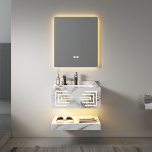 Mueble de baño moderno de doble capa Mable Rock Slate, mueble de lavabo ovalado con iluminación, juego de baño para hotel y escuela - Product Image 1
