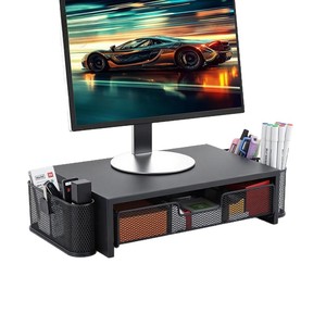 Computer Monitor Riser With <b>Drawers</b> Pen Holder Office Desktop <b>Storage</b> Stationery Organizer Black Metal <b>Plastic</b> Standing Type - Product Image 1
