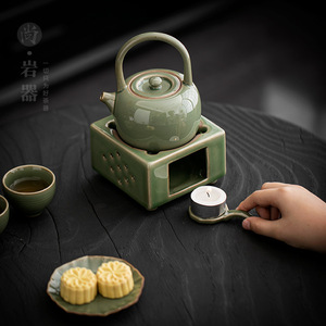 Juego de tetera y calentador de té estilo retro, tetera de gres con esmalte verde bambú y calentador de vela para el té de la tarde - Product Image 4